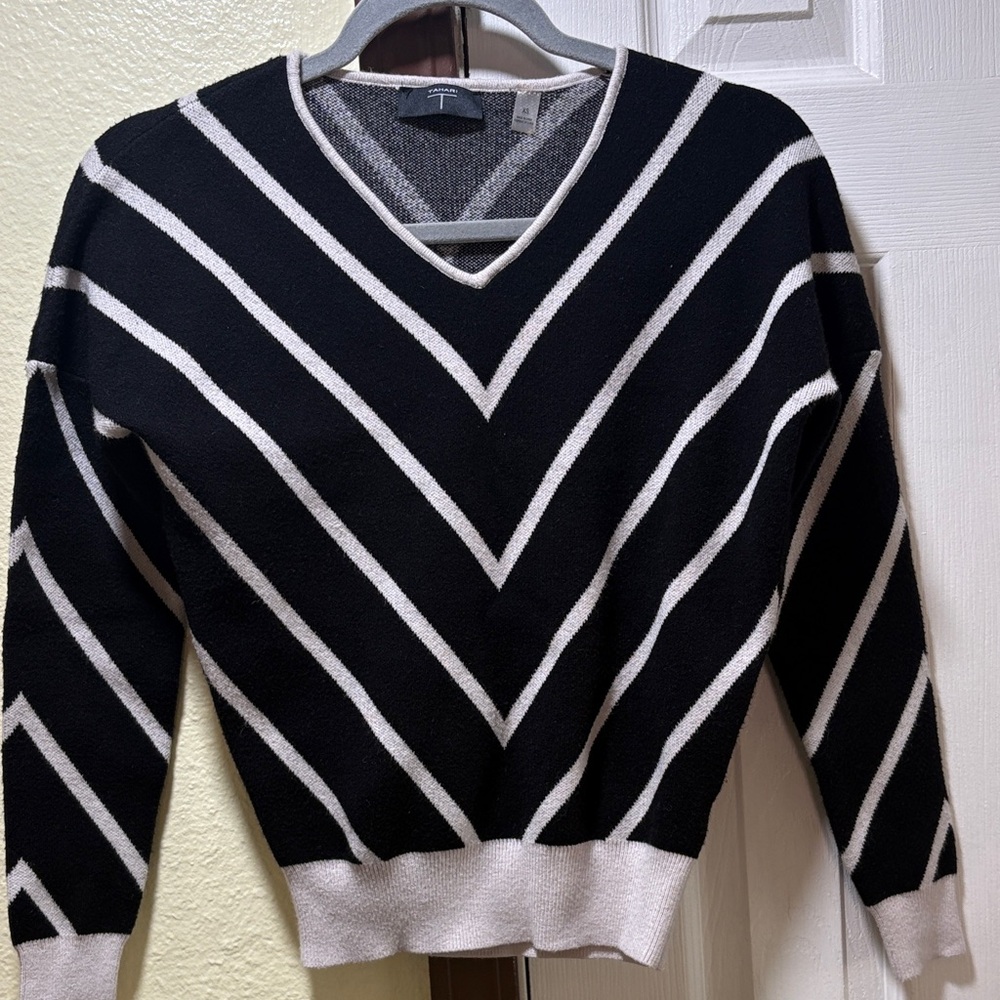 Tahari Black and White Striped V-Neck Sweater